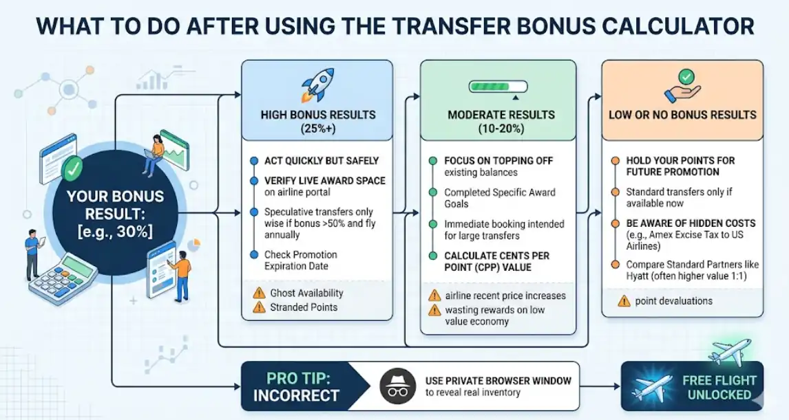 An infographic diagram titled 'WHAT TO DO AFTER USING THE TRANSFER BONUS CALCULATOR' with illustrative icons and text panels. It shows a process flow originating from a bonus result calculator. Three color-coded panels detail recommendations for HIGH BONUS RESULTS (blue), MODERATE RESULTS (green), and LOW OR NO BONUS RESULTS (orange). Below, a PRO TIP panel advises using a private browser, and an airplane points to 'FREE FLIGHT UNLOCKED'