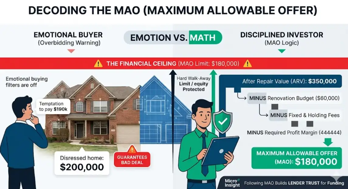 A clean modern infographic diagram illustrating the Maximum Allowable Offer (MAO) concept as a strict financial ceiling for real estate investors. It contrasts emotional buying against logical mathematical deductions from After Repair Value to determine the final MAO limit.