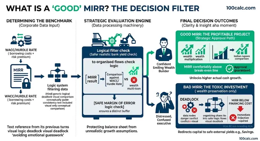Infographic visual mapping the corporate decision filter logic for a good MIRR vs bad MIRR. Data pipelines merge a corporate hurdle rate against a modified return, processed through a conceptual data system filter graphic. It contrasts a 'Good MIRR' outcome (strategic approval path with wealth multiplication) against a 'Bad MIRR' outcome (immediate rejection with visual logic deadlock), explicitly addressing insight aha moment clarity urgency conflict contrast curiosity psychological triggers. Modern SaaS style vector on white background, implicitly sub-branding RCA.