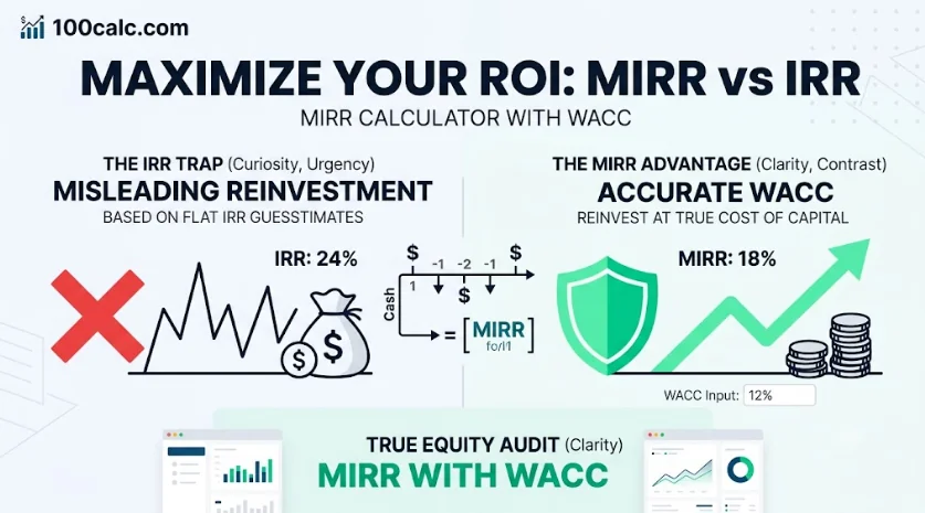 MIRR calculator with WACC infographic comparing the 'IRR trap' of misleading reinvestment against the 'MIRR advantage' using accurate WACC, with true equity audit data.