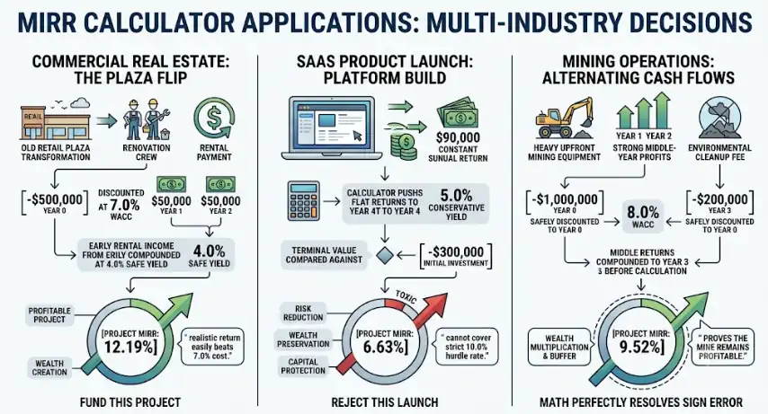 Infographic showcasing how to use an MIRR calculator with WACC across three industries: commercial real estate (plaza flip), SaaS product launches, and mining operations with alternating cash flows. The visual contrasts funding profitable projects versus rejecting toxic investments by demonstrating how the MIRR engine discounts negative costs and compounds positive returns to ensure wealth creation.