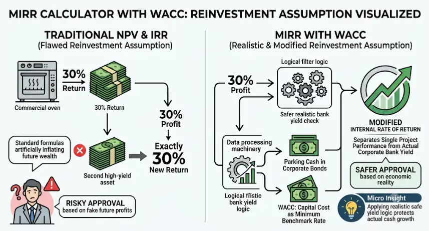 Infographic visualizing how a MIRR calculator with WACC separates single project performance from the actual corporate bank yield, contrasting flawed traditional IRR assumptions against modified, realistic safe yield logic. Triggers immediate clarity for professional users.