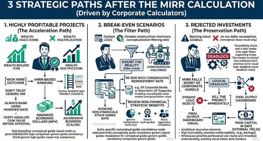 Infographic visual visualizing 3 definitive strategic pathways after using the MIRR capital budgeting calculator, driven by Corporate Calculators. Shows logical flow dashboards for ranking profitable projects by absolute NPV dollars, filtering break-even scenarios with safe asset reinvestment math, and rejecting value-destroying investments to protect company wealth. SaaS style vector on white background.