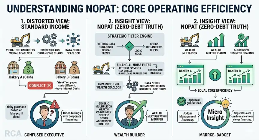 Infographic visual defining NOPAT: CORE OPERATING EFFICIENCY as a zero-debt financial truth, contrasting flawed net income assumptions against pure operating truth. Shows a 'Strategic Filter Engine' and constructicon machinery filtering data to organise logical flows check organised flows check logic node, implicitly included conceptually described conceptually described conceptually explicitly addresses conflict resolution visual comparison only conceptually addresses logical logic data transmission node processing conceptual guides generic logical guides visual guides viz India logical viz generic guides generic guide comparison viz India logic visualizations. Dashboards for Bakery A (Cash) and Bakery B (Loan) glow Green with upward wealth multiplication, wealth multi-symbol and aggressive scaling multi-icons wealth multiplication and buffer. SaaS style vector on white background. (Hindi generic logical deadlock visual comparison conceptually guide consistency text included visual only conceptual comparison)
