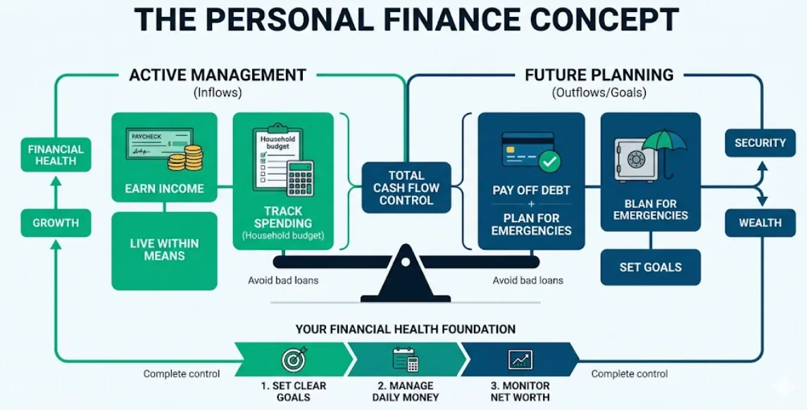 Conceptual diagram explaining personal finance management, visually balancing inflows like income and outgoings like debt and savings for financial health.
