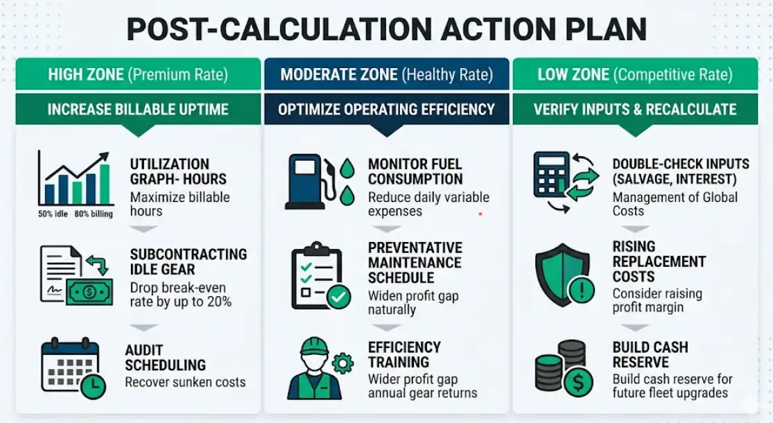 A three-zone infographic guide detailing operational optimizations after a heavy equipment hourly rate calculation, separated into High (Accent Green), Moderate (Primary Navy), and Low (Accent Green) result zones for asset management.