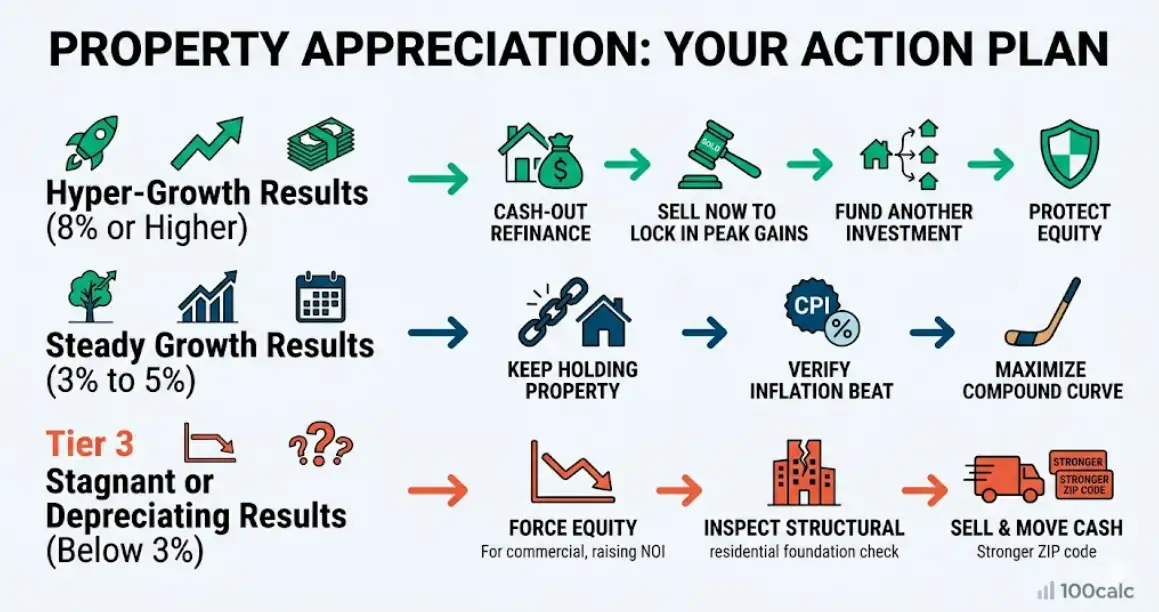 Flow diagram infographic illustrating property investment actions based on appreciation rates, showcasing options to Hold, Sell, Upgrade, or use a Cash-Out Refinance for different growth results like Hyper-Growth, Steady Growth, and Stagnant/Depreciating.