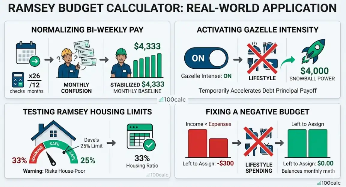 Infographic for the Ramsey Budget Calculator visualizing four real-world scenarios: normalizing bi-weekly math, activating Gazelle intense debt payoff, testing 25% housing limits, and fixing a negative monthly deficit by cutting lifestyle spending.