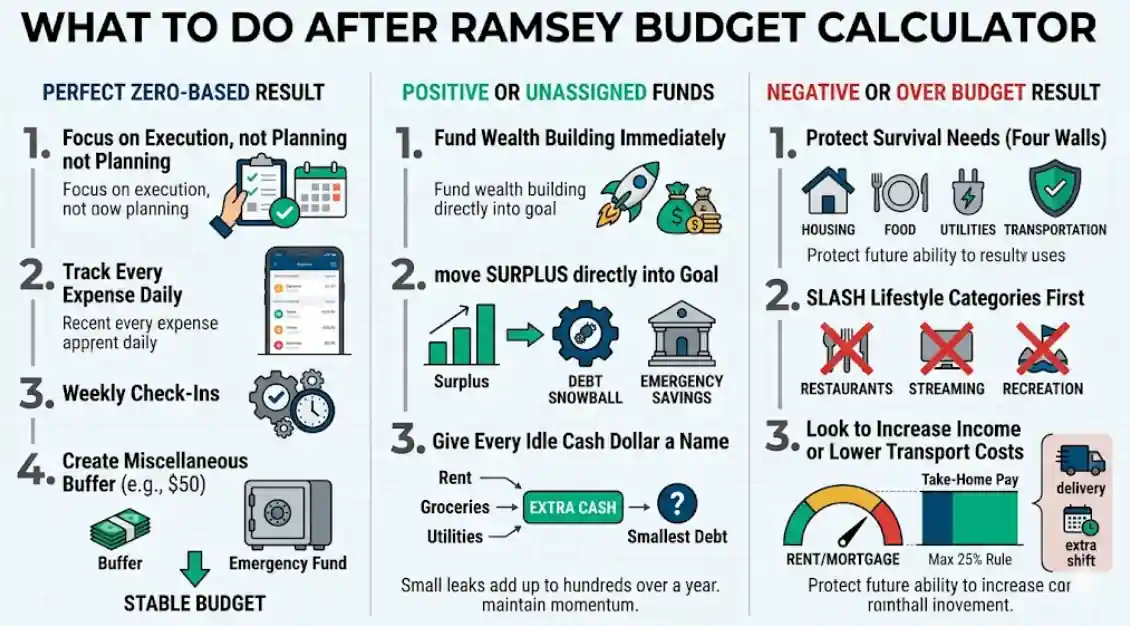 Infographic from 100calc.com showing actions after using the Ramsey Budget Calculator: perfect zero execution, managing surplus, and cutting for deficit results.