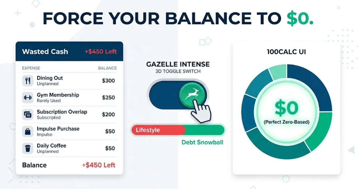 Ramsey budget calculator dashboard showing the zero-based formula logic and a gazelle intense toggle to eliminate unassigned funds and balance monthly income to exactly zero.