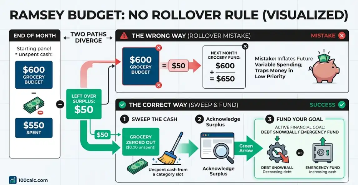 Infographic comparing correct vs wrong way to handle leftover Ramsey budget money, showing sweeping surplus to debt snowball instead of rolling over.
