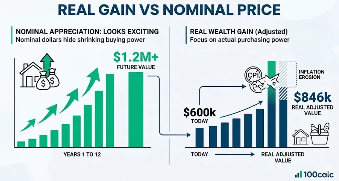 Comparative infographic contrasting exciting nominal real estate appreciation leading to "$1.2M+" against a real adjusted value of "$846k", showing how inflation erodes true wealth gain over 12 years.