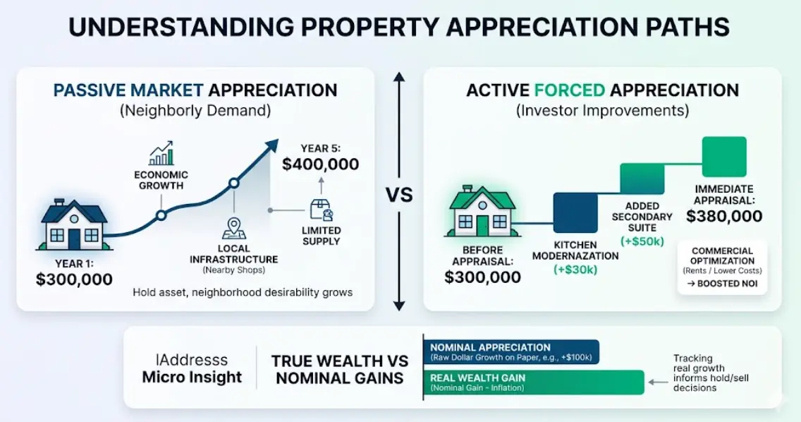 Infographic diagram visualizing real estate appreciation. It compares Passive Market Appreciation driven by economic growth and infrastructure with Active Forced Appreciation created by adding secondary suites or modernizing kitchens to increase appraisal value immediately.