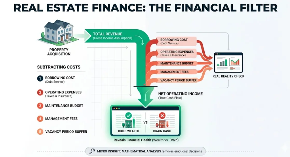 Modern infographic diagram illustrating the real estate finance filter process, contrasting gross revenue assumptions against operating expenses and bank loans to reveal true property cash flow and financial health.