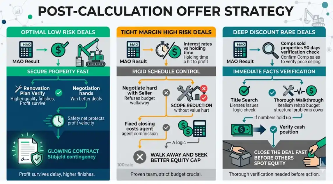 An infographic guide for real estate investors visualizing action steps after calculating a Maximum Allowable Offer. It details different negotiation strategies based on deal risk, utilization, repair budget contingency, holding costs, and title search to win better deals or walk away from financial loss.