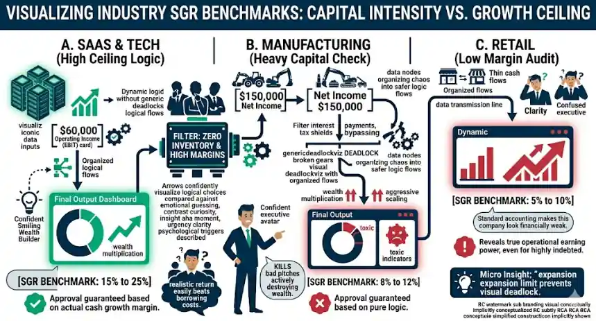 Professional isometric infographic contrasting Sustainable Growth Rate (SGR) benchmarks across three sectors: SaaS & Tech, Manufacturing, and Retail. It uses clear visual logic to show data modeling data inputs merging through a central "Industry SGR Filter Engine." The visual contrasts a positive outcome for SaaS (15-25% organic growth with wealth multi-icons upward green wealth arrows) against outcomes for Manufacturing (8-12%) and Retail (5-10%), showing data nodes organizing chaos into organized logical flows check organized flows check logic node, implicitly incluido sub-branding RCA.