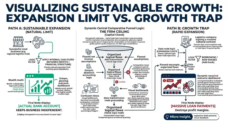 Infographic conceptually visualizing sustainable growth as an expansion limit versus a rapid borrowing growth trap. Shows data nodes of emotional guesswork being filtered through a mathematical engine to organize chaotic cash stacks into safer logic flows. Contrasts a good outcome (natural expansion within actual bank account, wealth multiplication) against a toxic output (rapid expansion leading to massive loan payments, visual deadlock broken gears data nodes). Uses modern SaaS line art, navy and vibrant green on white background. (hindi generic logical deadlock visual comparison conceptually guide consistency text included visual only conceptual comparison)