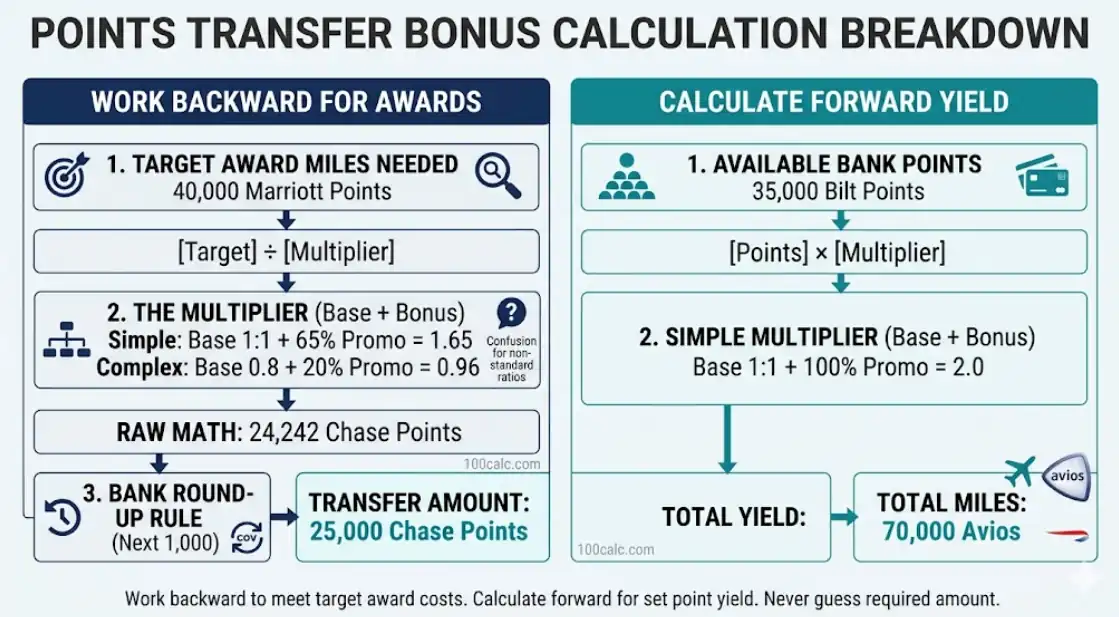 An infographic comparing two points transfer bonus workflows. One side shows working backward to meet a target award cost using division and bank round-up rules. The other side shows calculating forward yield by multiplying available points for simple conversions. Visual examples and mathematical steps included.