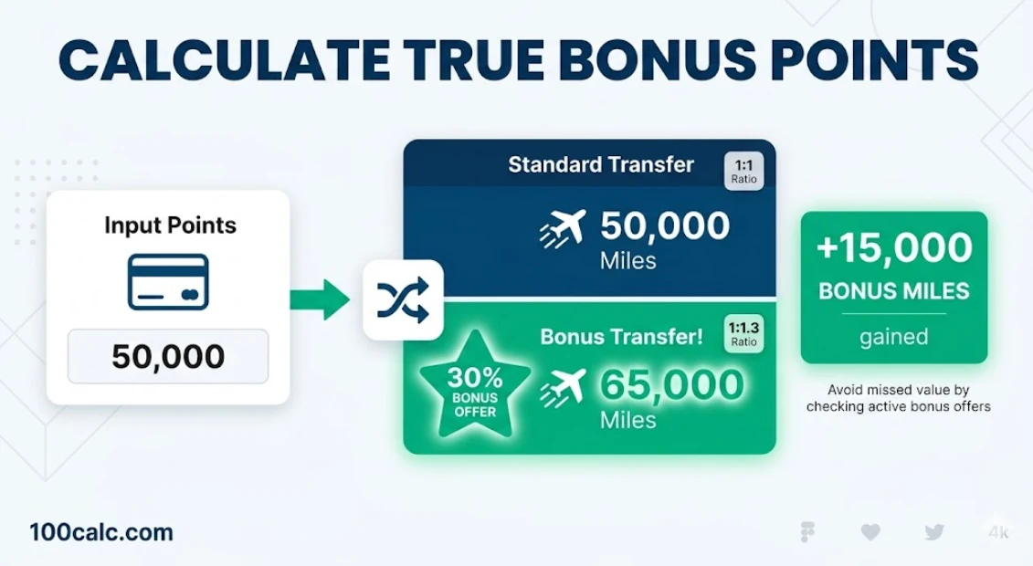 Transfer Bonus Calculator infographic showing a points transfer example from credit card to airline with a 30% bonus, maximizing miles.