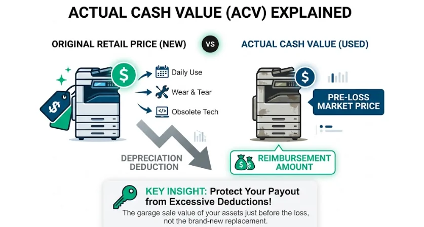 A visual comparison between Original Retail Price (New) and Actual Cash Value (Used) for an asset. The graphic illustrates how factors like daily use, wear and tear, and obsolete technology lead to a depreciation deduction. The right side shows the remaining Actual Cash Value as the pre-loss market price or reimbursement amount. A key insight at the bottom advises protecting payouts from excessive deductions, defining ACV as the "garage sale" value just before a loss.