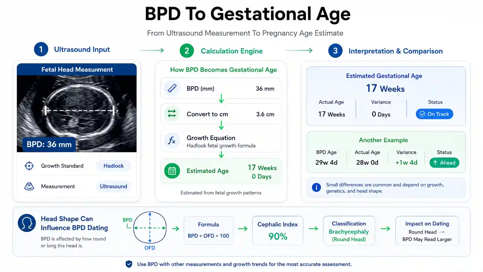 BPD gestational age calculator showing ultrasound measurement flow, fetal age estimate, growth comparison, and head shape influence.