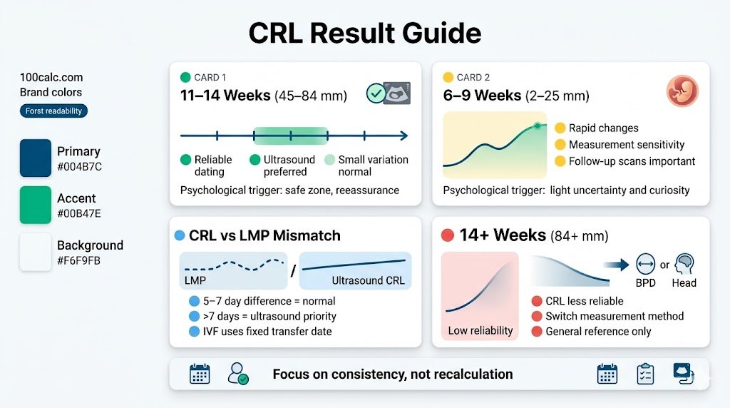 CRL calculator guide showing pregnancy result zones with 11–14 week accuracy, early scan guidance, and LMP vs ultrasound comparison chart