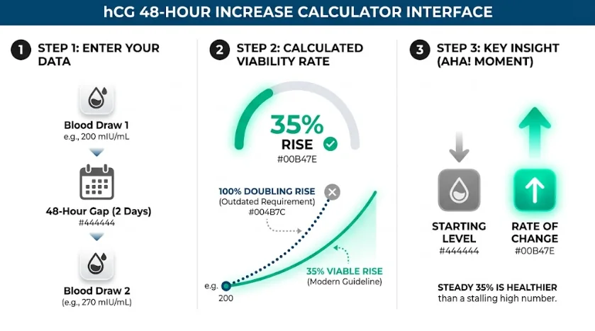 Infographic of an hCG 48-hour increase calculator interface visualizing input data, percentage growth, and contrasting a 35 percent rise vs doubling to assess viability.