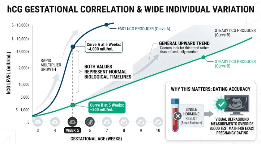 A 100calc.com infographic showing how hCG correlates with gestational age, illustrating fast and steady producers with contrasting values (4000 vs 500) at 5 weeks, and confirming that visual ultrasound measurements override blood test math for exact pregnancy dating.