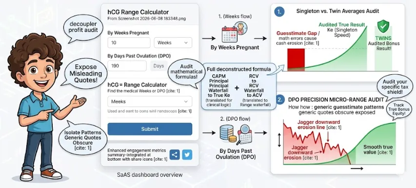 A professional introduction infographic for the hCG Range Calculator on 100calc.com, which is the functional form from Screenshot 2026-06-08 183348.png. The dynamic dashboard deconstructs the tool into two main "Precision Viability Audit" flows (Weeks or DPO), visually presenting Singleton vs. Twin Averages Audits. Red guesstimate gaps causing cash erosion and patterns generic quotes obscure are exposed by smooth green curves that isolate audited true bonus equity audit value. A full deconstructed formula graphic bridges the segments, detailing a Range waterfall logic.