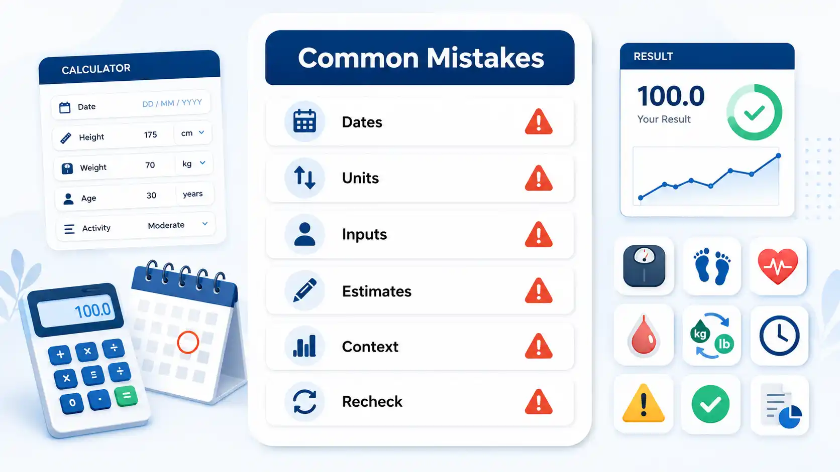 Common mistakes to avoid when using health calculators, shown as a 100Calc checklist with icons for dates, units, inputs, and results.