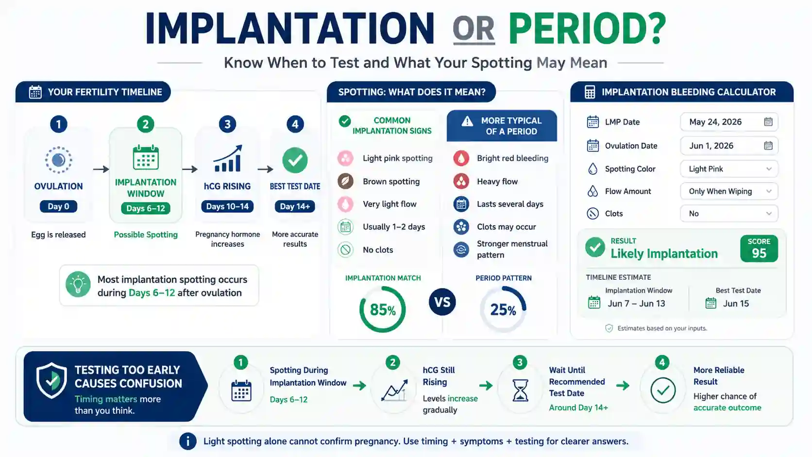 Implantation bleeding calculator infographic showing implantation window timeline, spotting versus period comparison, symptom score, and pregnancy test timing guidance