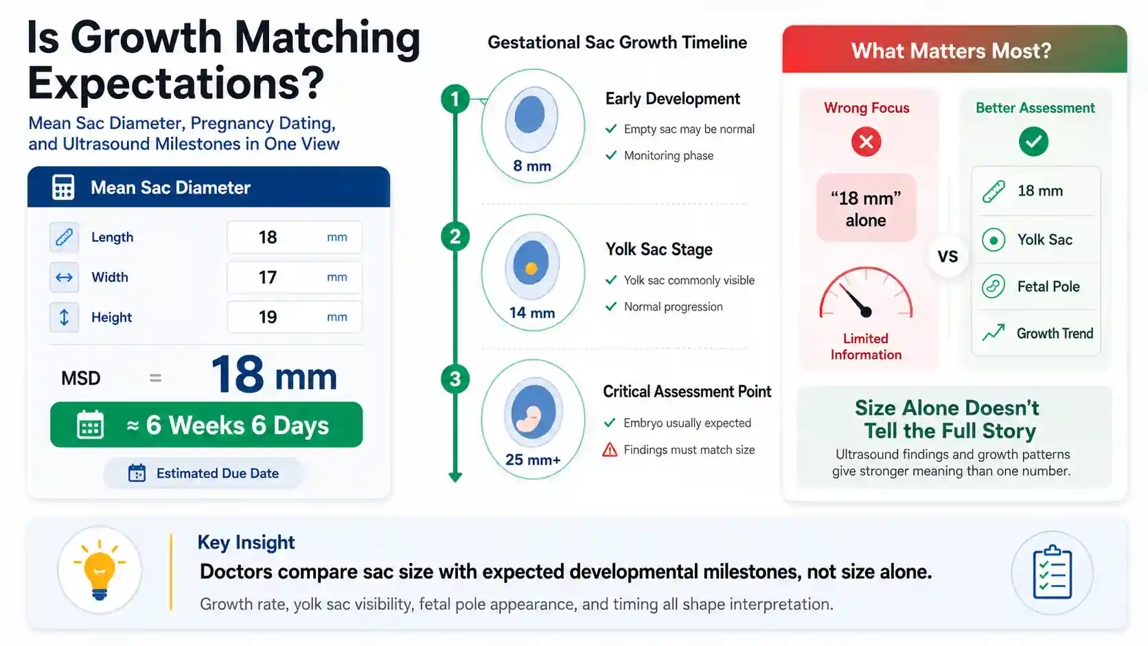 Mean Sac Diameter calculator dashboard showing gestational sac growth stages, ultrasound pregnancy dating, and clinical interpretation comparing sac size with expected developmental milestones.