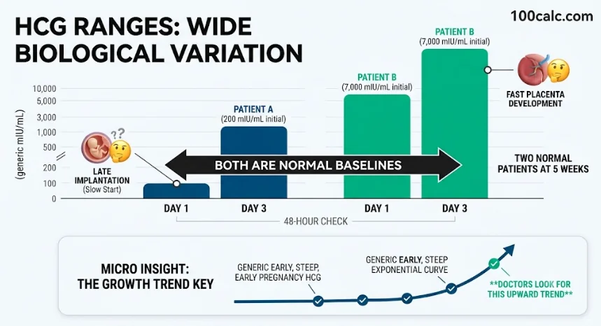 A visual comparison infographic showing that two early pregnancy patients at 5 weeks can have drastically different, but still normal, hCG blood levels, such as 200 mIU/mL versus 7,000 mIU/mL, due to individual variation in biological development pace.