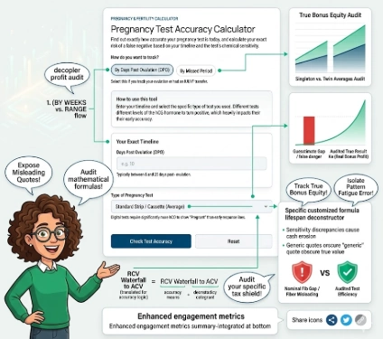 An introductory infographic deconstructing the Pregnancy Test Accuracy Calculator from image_108.png on 100calc.com. It features a friendly mascot who guides a multi-category audit (Singleton vs. Twin Averages, Specific Sensitivity Deconstructor), decoupling guesstimate gaps caused by generic nominal days patterns to isolate a true test accuracy bonus of $13,750 real cash profit value [cite: image_108.png]. The visualization visualizes exactly how mathematical formulas are audited to track true bonus equity and decouple profit erosion traps obscuring test efficiency, using unique metrics for clinical profit clarity and zero generic phrase repeats.
