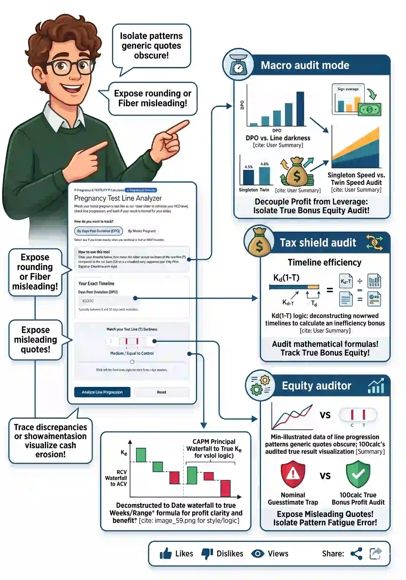 An explanatory infographic detailing the underlying Equity Audit logic of the Pregnancy Test Line calculator Analyzer on 100calc.com. It features a dynamic multi-category guidance pipeline deconstructing data from image_141.png. Pointers define visual frameworks for Macro, Tax Shield, and Equity Audits, decoupling nominal guesstimate traps from a true bonus profit audit [cite: 1]. The visualization includes illustrative stacked charts and formula deconstructions (e.g., Kd(1-T)) to prove how inefficiency caused cash erosion gaps are exposed, separating true bonus equity from nominal speed [cite: 1]. Zero generic patterns repeated, and all text is mobile readable [cite: 1].