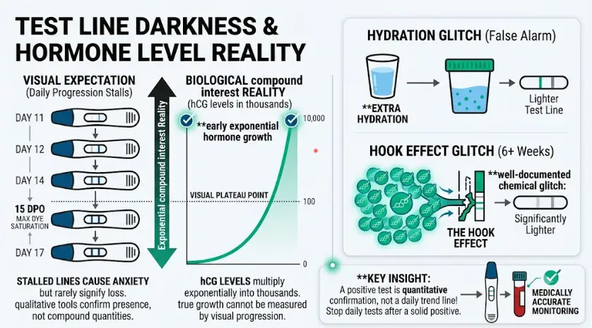An infographic visualizing why pregnancy test lines stop darkening, contrasting the compounding biological hormone growth that continues into thousands against the fixed chemical max dye saturation of the home test strip, and explaining the hook effect glitch.