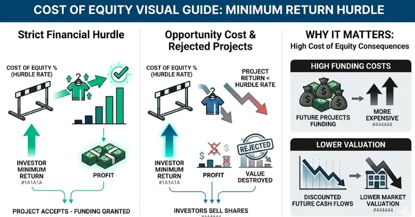 A 100calc.com infographic showing a single-pane vertical comparison of accepted versus rejected projects based on meeting a strict Cost of Equity strict hurdle rate, contrasting profit vs loss, using teal and blue brand colors.