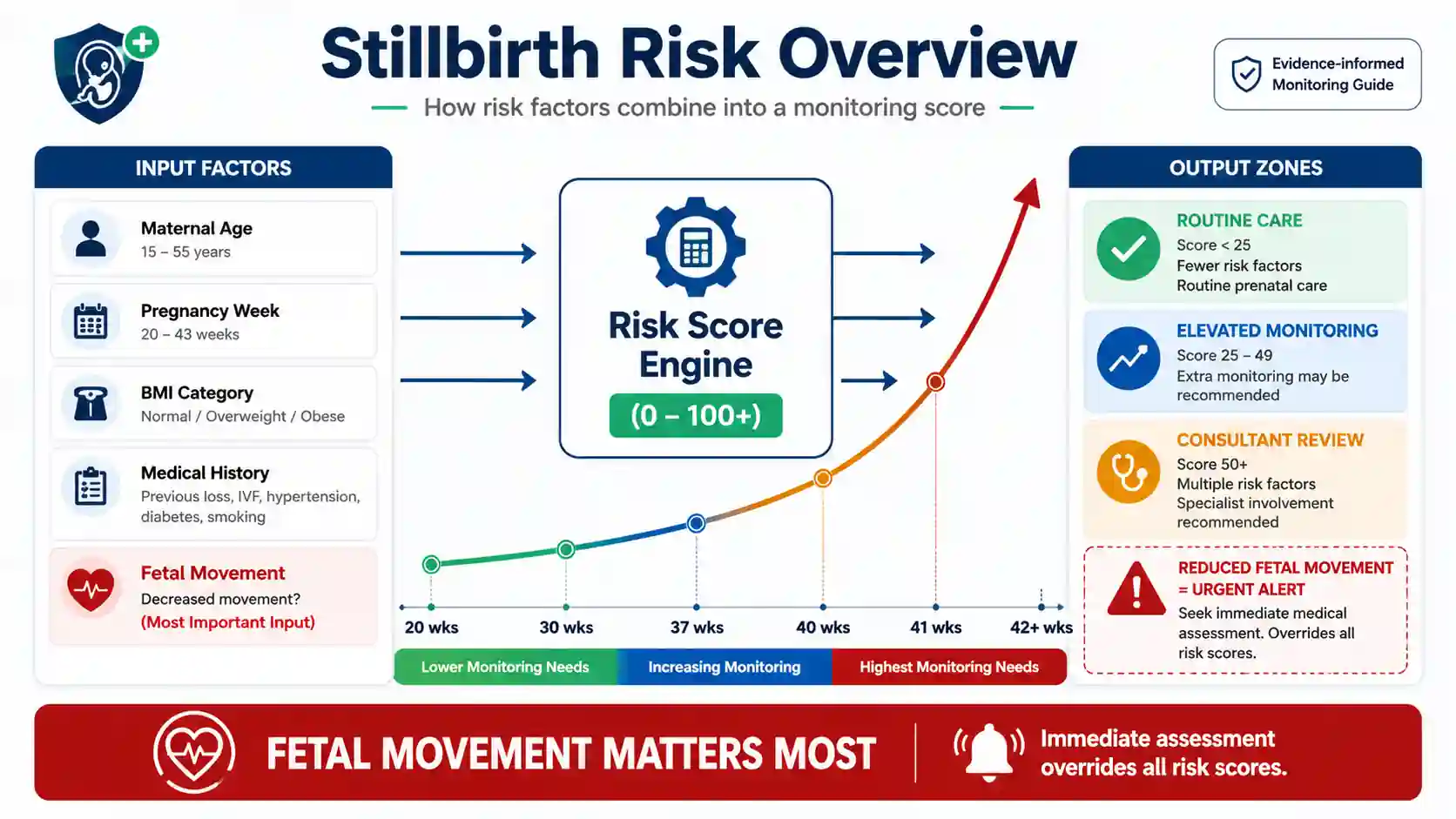 Stillbirth risk calculator overview showing input factors, scoring system, and risk zones with fetal movement priority alert and monitoring levels