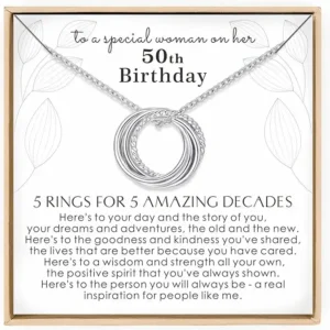 Annamate 925 sterling silver milestone necklace featuring five interlocking circles representing five decades, presented in a gift box as a 50th birthday present for women