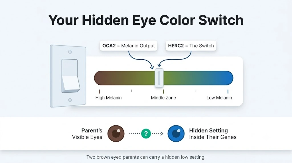 Infographic showing how OCA2 and HERC2 genes act like a dimmer switch to control melanin, explaining baby eye color calculator results for brown, green, and blue eyes.