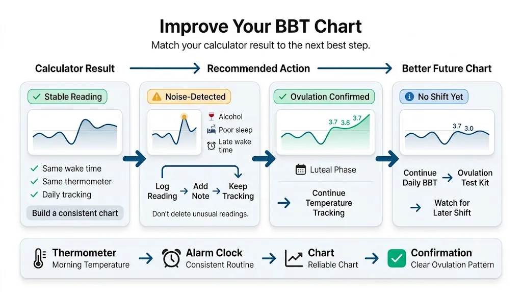 Basal body temperature calculator guide showing consistent reading conditions, potentially disturbed readings, temperature shift detected, and no clear shift yet with next steps.