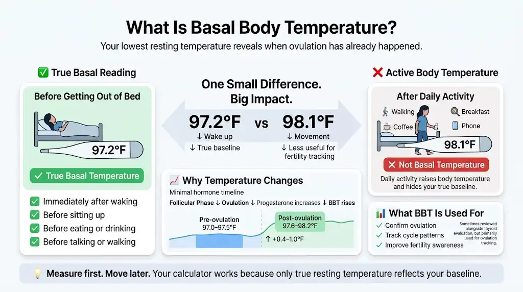 Basal body temperature calculator infographic comparing true resting temperature before getting out of bed with active temperature to explain accurate ovulation tracking.