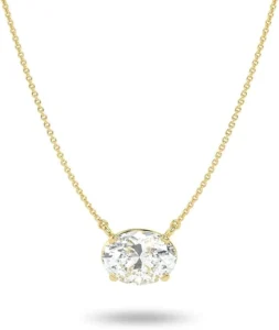 Carbon Atelier 14K gold pendant necklace showcasing an IGI certified horizontal oval cut lab grown diamond solitaire on an adjustable cable chain.