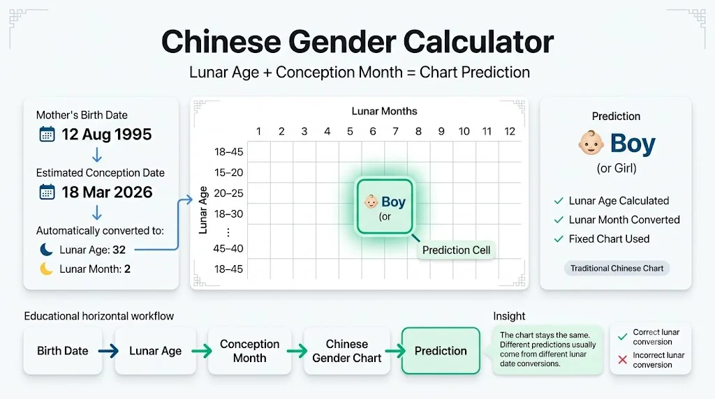Chinese gender calculator showing lunar age conversion, conception month input, chart selection, and prediction workflow to explain how the result is generated.