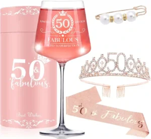 Cyrelwing 50th birthday celebration gift set for women featuring a glittering rose gold sash, rhinestone tiara crown, and a hand-blown 16-ounce crystal wine glass in a pink presentation box.