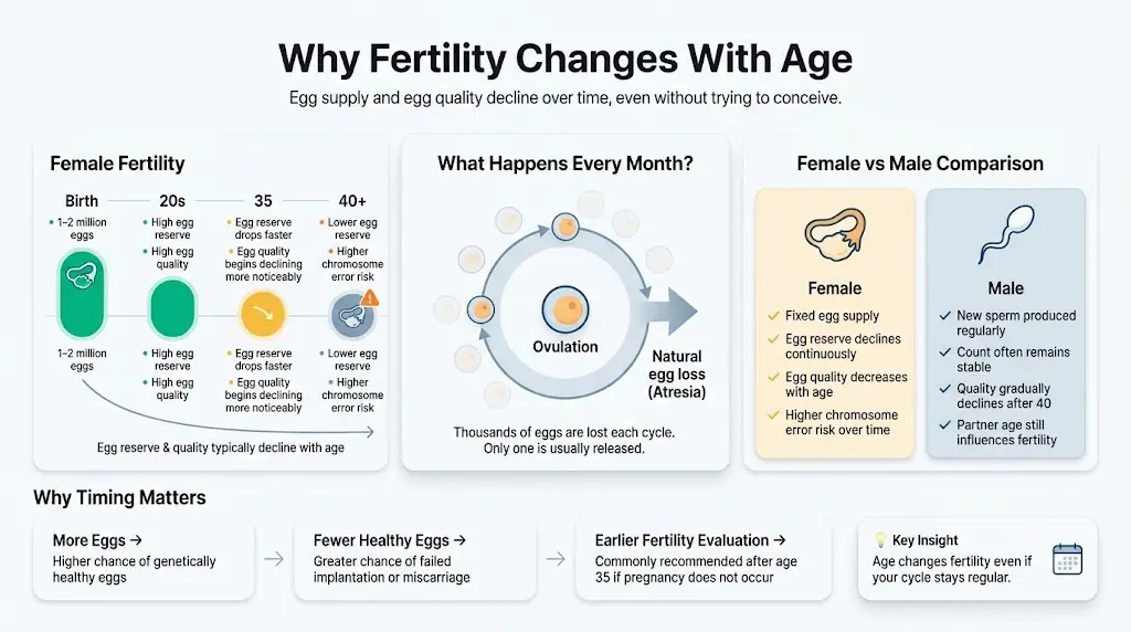 Infographic for a fertility calculator showing age-related fertility decline, monthly egg loss, egg quality changes, and female versus male fertility aging.