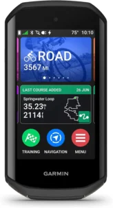 Garmin Edge 1050 premium GPS cycling computer with vivid color touchscreen displaying route maps and training data