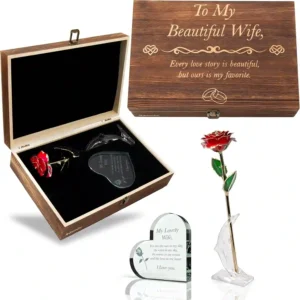 GreenCor luxury romantic gift set for wife, featuring a handcrafted wooden box, a romantic engraved crystal heart, and a 24K gold dipped rose on a display stand.