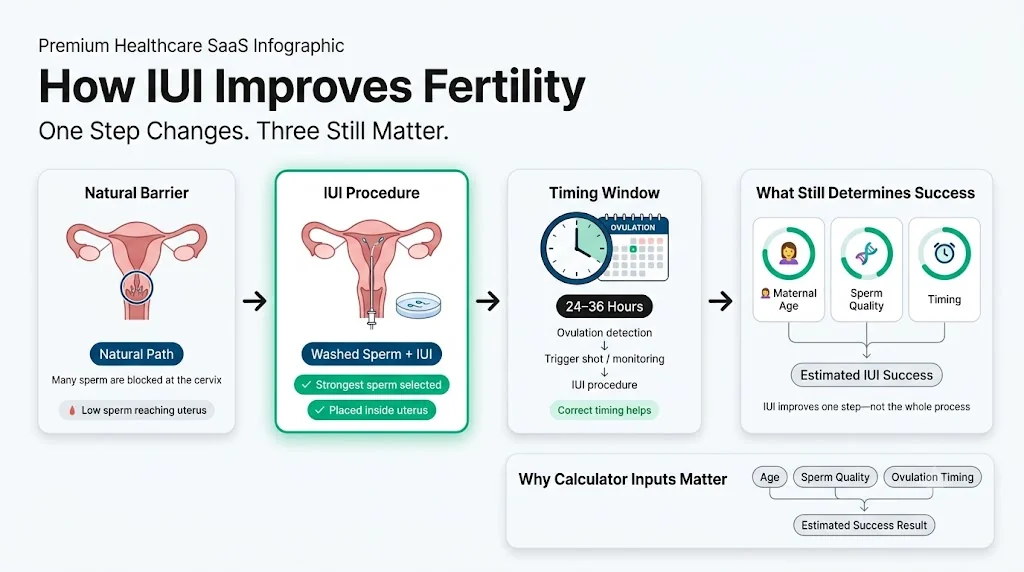 IUI process infographic showing prepared sperm placed in the uterus near ovulation and the research-model factors used by the IUI Success Rate Calculator.