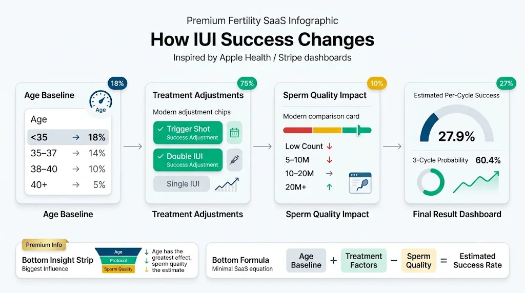 IUI Success Rate Calculator infographic showing female age, infertility profile, pre-wash TPMSC, optional AMH, per-cycle pregnancy chance and three-cycle projection.